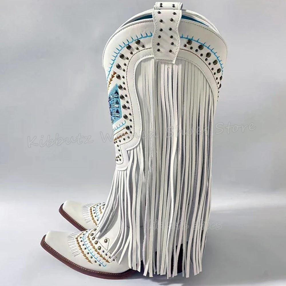 Genuine Leather Detailed Fringe Cowgirl Boots