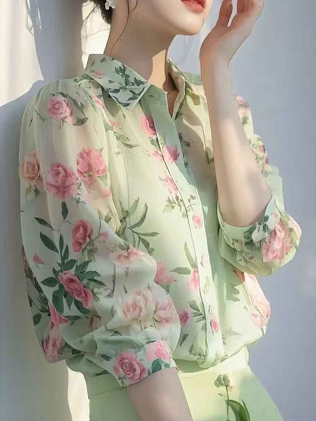 josephine Lapel Floral Printed Chiffon Blouse