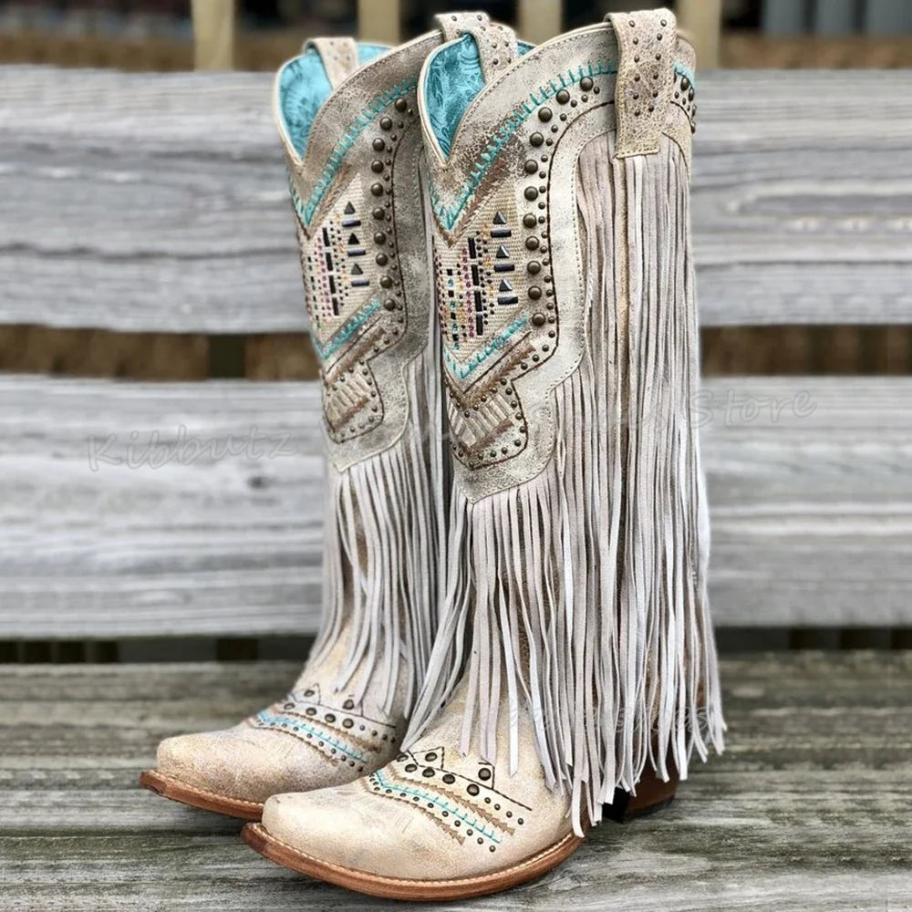 Genuine Leather Detailed Fringe Cowgirl Boots