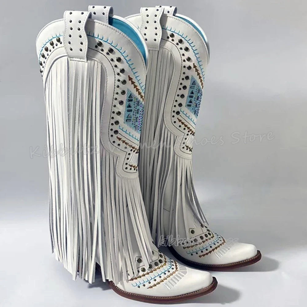 Genuine Leather Detailed Fringe Cowgirl Boots