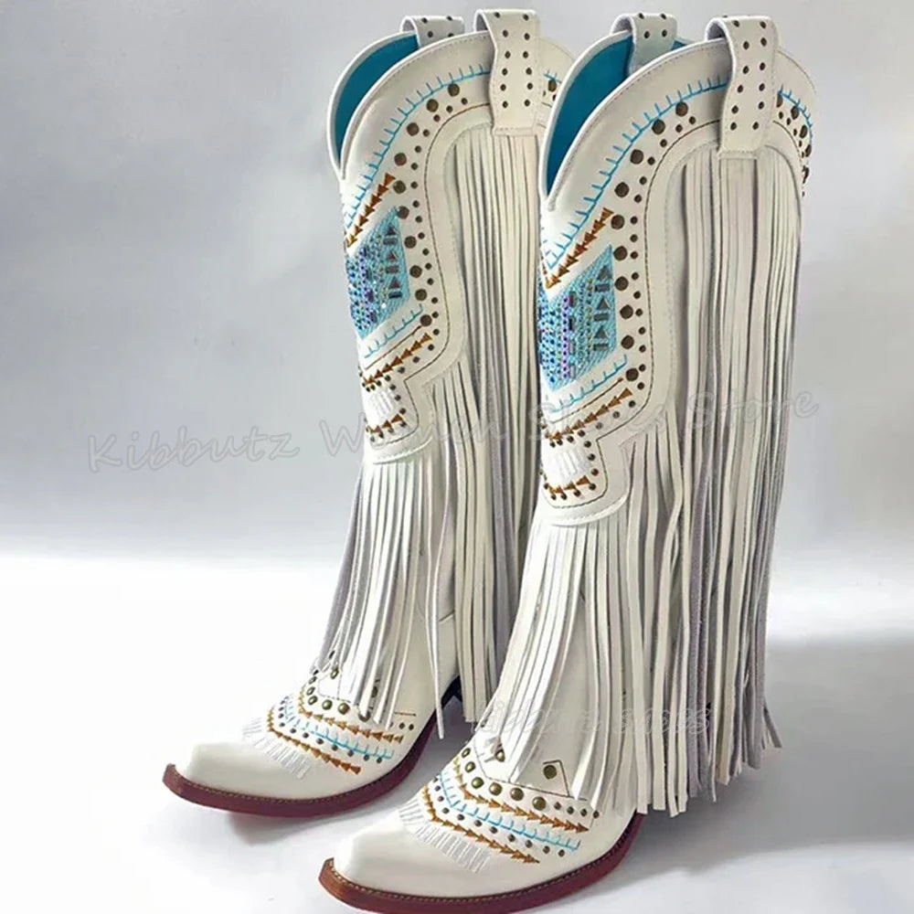 Genuine Leather Detailed Fringe Cowgirl Boots