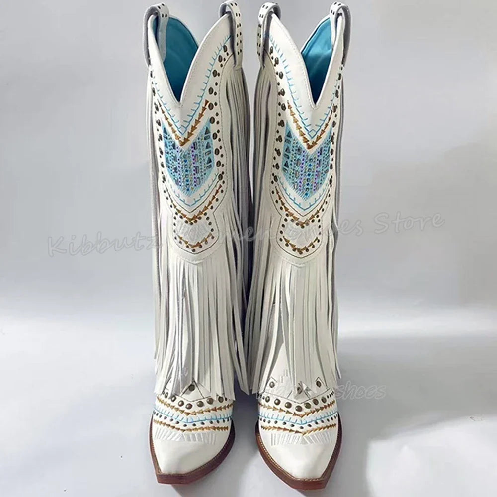 Genuine Leather Detailed Fringe Cowgirl Boots