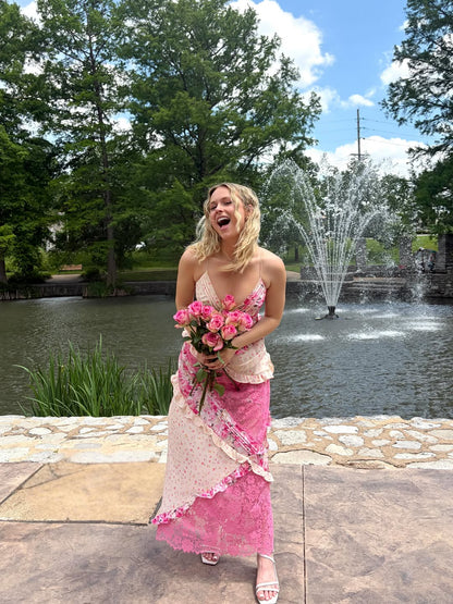 Hollow-out deep V-neck ruffled floral backless maxi dress