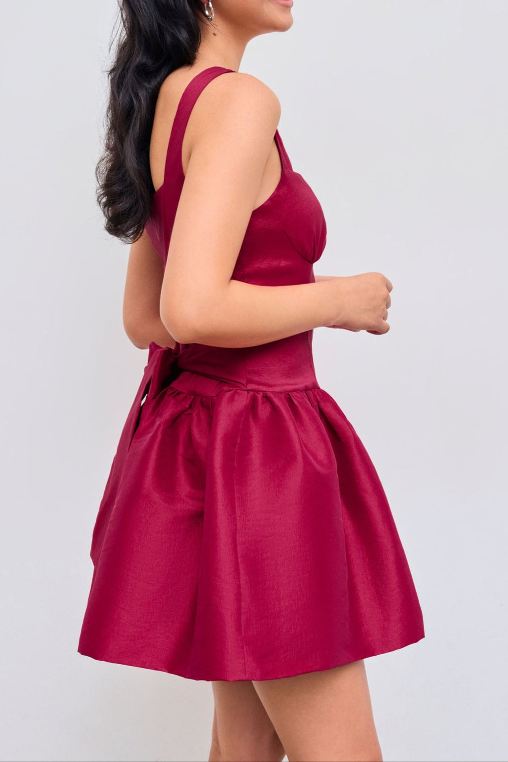 Square Neck Bowknot Zipper Mini Dress in red