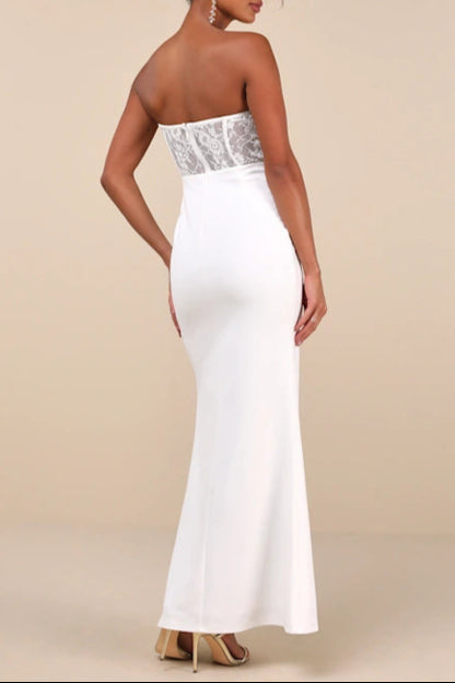 Sultry Persona White Lace Strapless Bustier Mermaid Maxi Dress