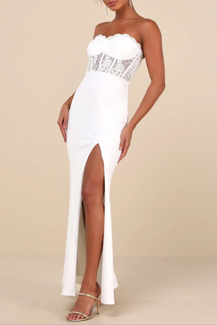 Sultry Persona White Lace Strapless Bustier Mermaid Maxi Dress