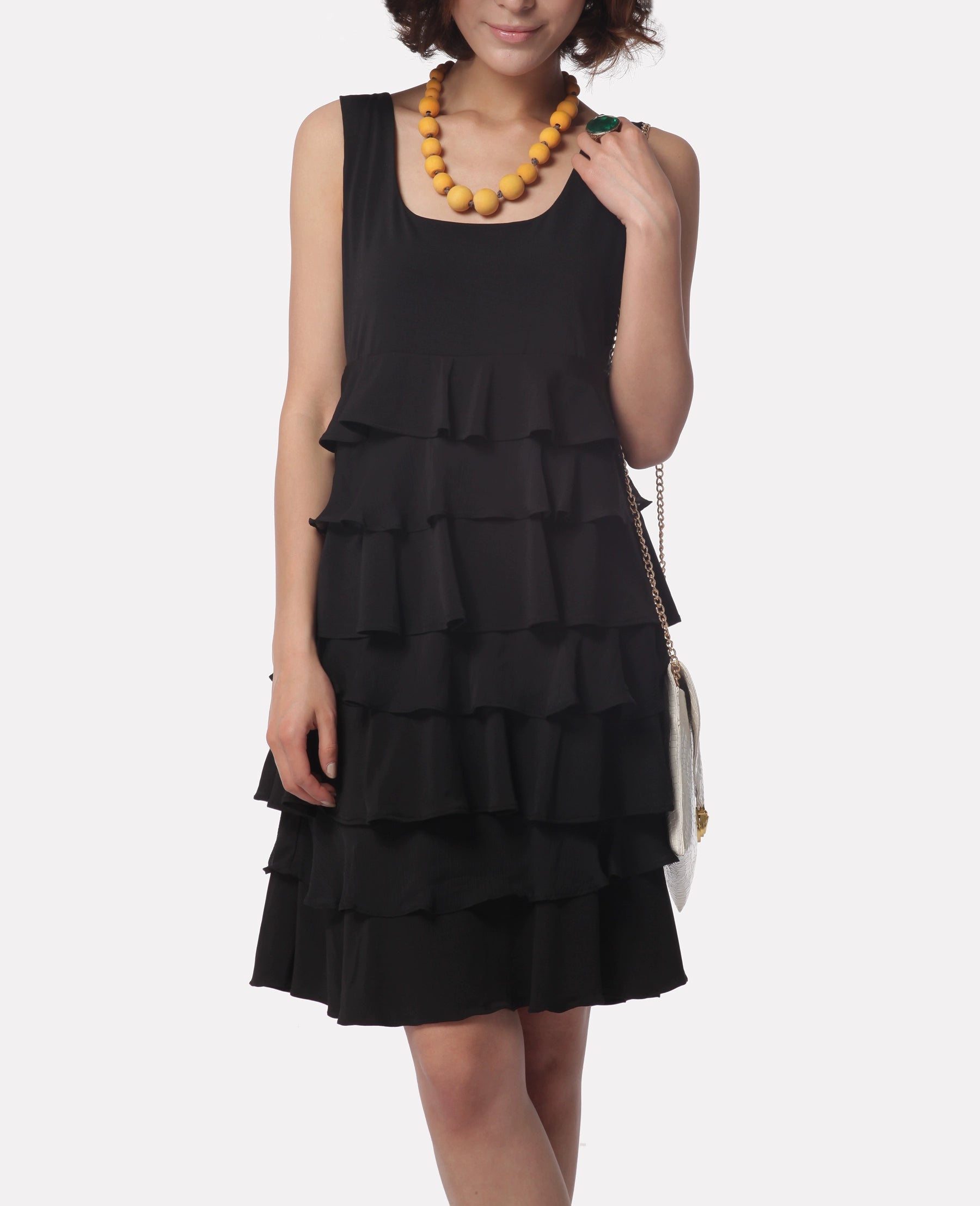 black knitted chiffon sleeveless vest A-line mini dress