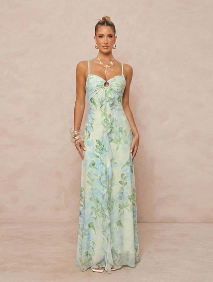 green mesh print open back waist dress