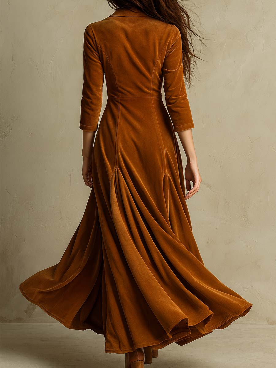 Brown Elegant Retro Suit Collar Velvet Long Dress