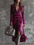 Purple Button-Down Velvet Long Blazer Maxi Dress