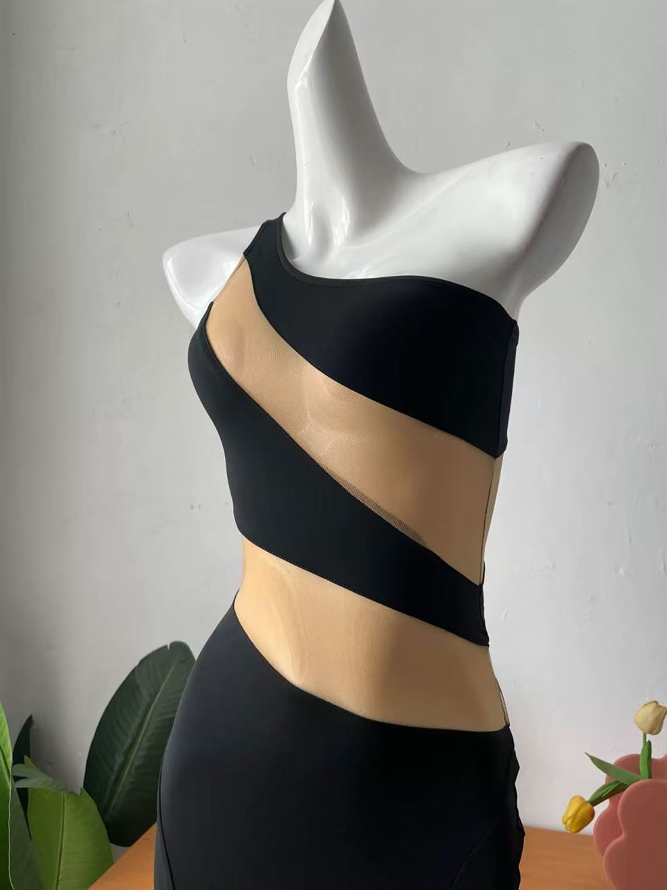 Snake One-Shoulder Mesh-Paneled Stretch-Jersey Gown