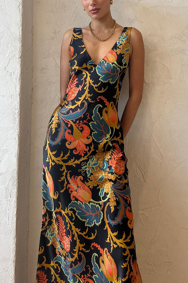 Mine Satin Exclusive Botanical Print Slip Maxi Dress