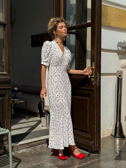 Puff Sleeve Pleated Floral Midi Dress