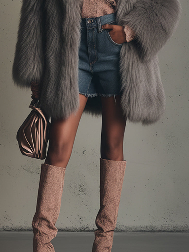 Gray Faux Fox Fur Eco Friendly Long Sleeve Jacket