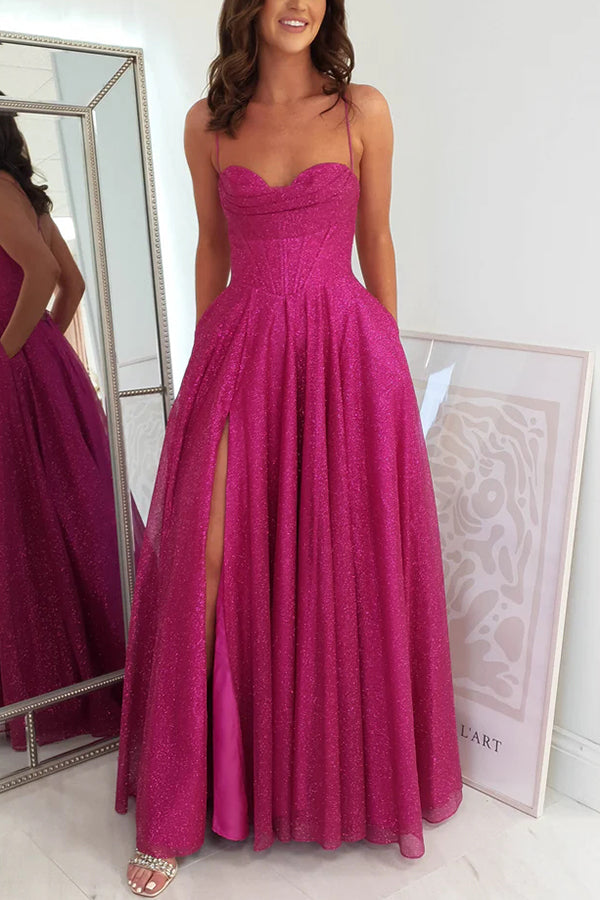 Cowl Neck Back Lace-up Pocketed Slit Maxi Dress