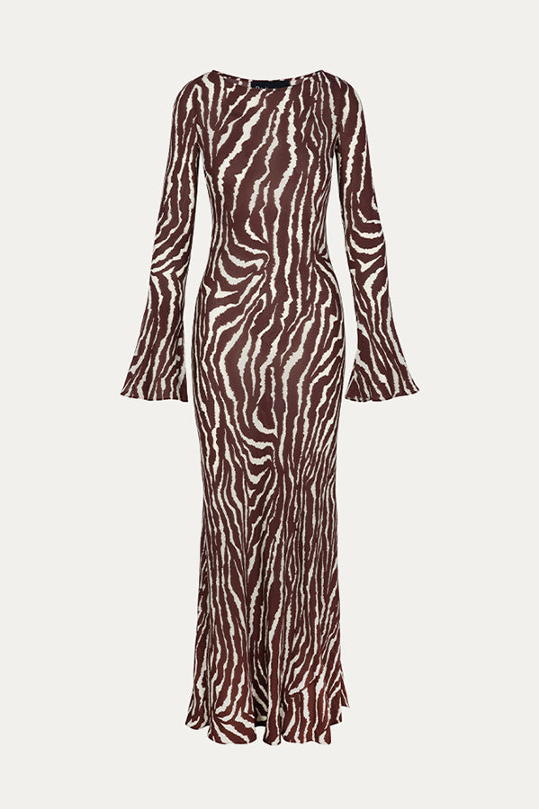 red Print Boat Neck Long Bell Sleeve Bias Cut Maxi Dress