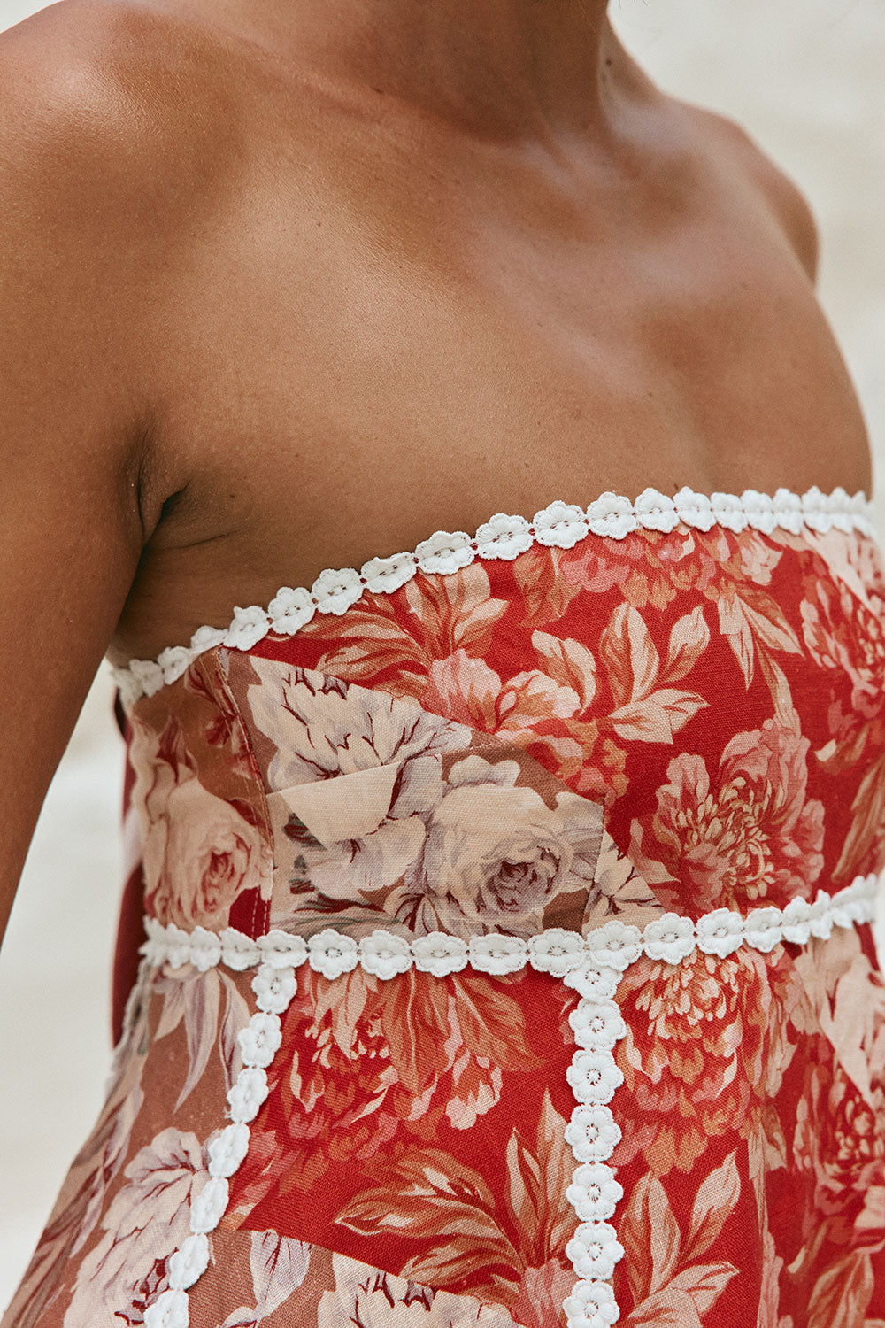 Linen lace-trim print strapless top shorts set - red