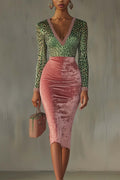 Pink Velvet Bodycon Dress With Patchwork Webbing And Leopard Print