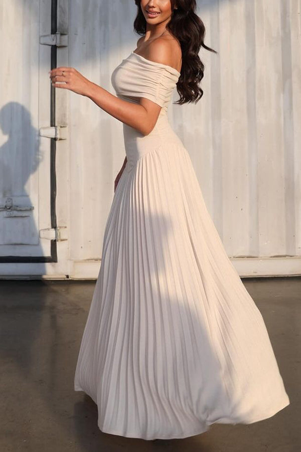 white Off-shoulder Slim Fit Pleated Maxi Dress