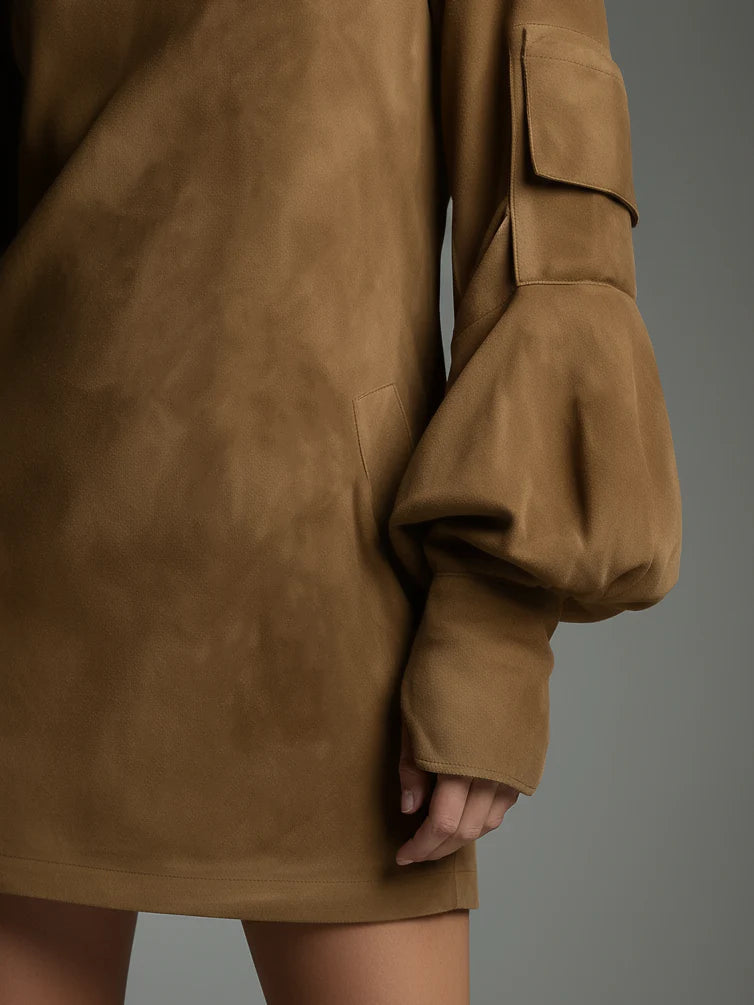 Loose turtleneck mini dress made of suede