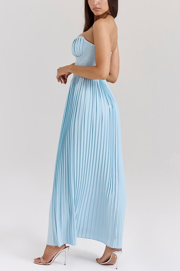 blue Pleated Strapless Maxi Dress