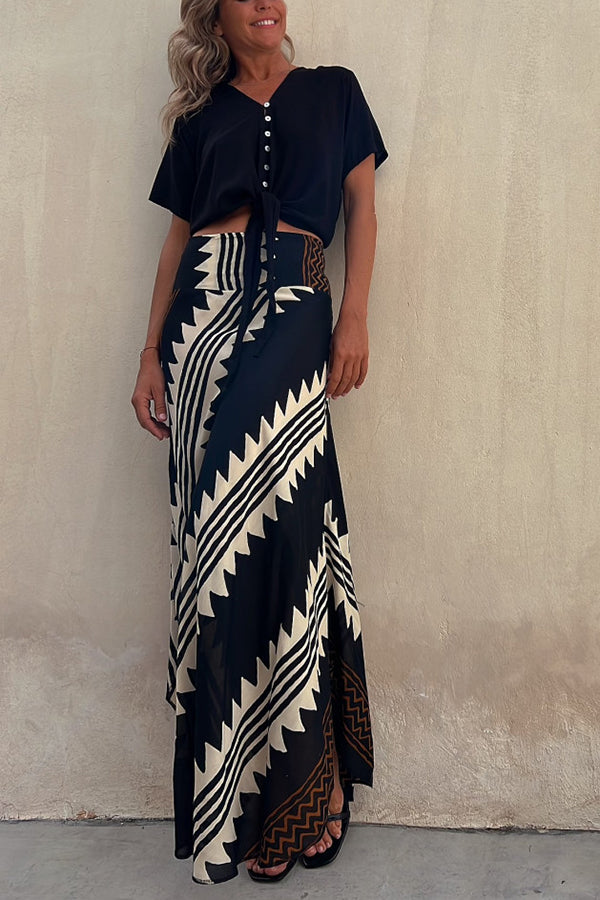 kelly Satin Geometric Print Elastic Waist Maxi Skirt