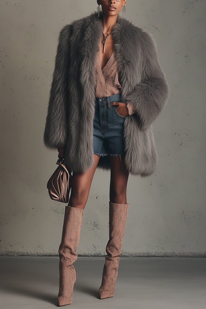 Gray Faux Fox Fur Eco Friendly Long Sleeve Jacket