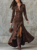 Bellepolly retro brown irregular ruffle lapel long dress