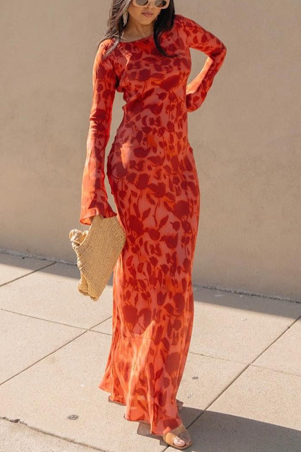 red Print Boat Neck Long Bell Sleeve Bias Cut Maxi Dress