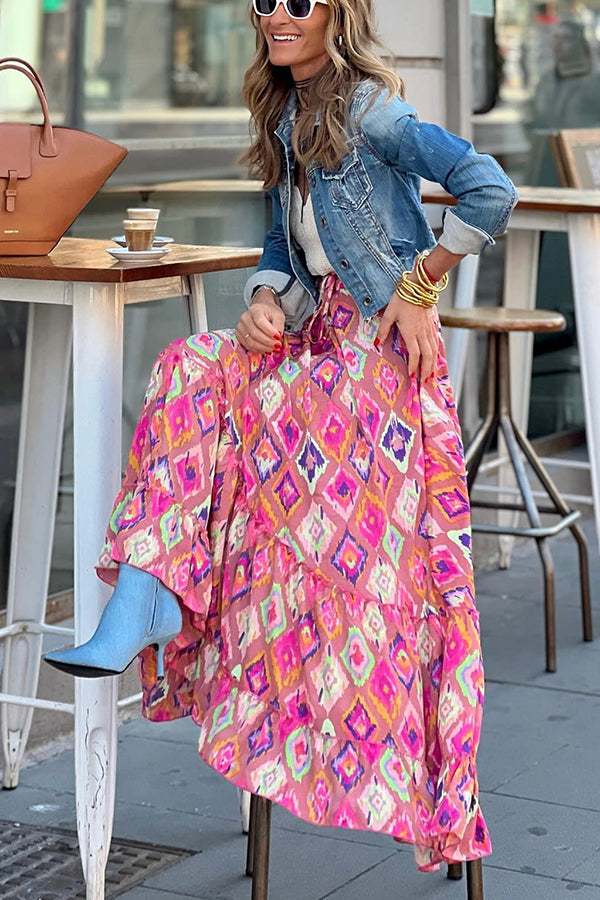 madeline Bohemian Print Elastic Waist Tassel Maxi Skirt