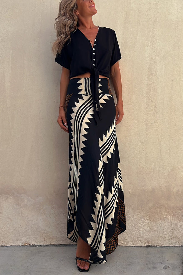 kelly Satin Geometric Print Elastic Waist Maxi Skirt