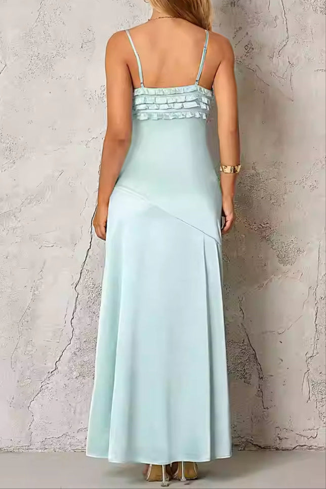 simona ruffle trim silk maxi dress in mint