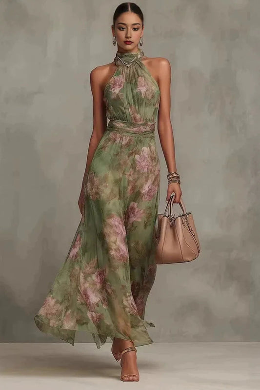 green printed halterneck waist dress