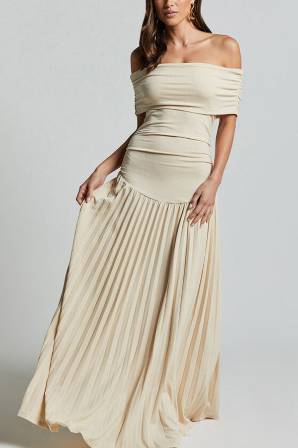 white Off-shoulder Slim Fit Pleated Maxi Dress