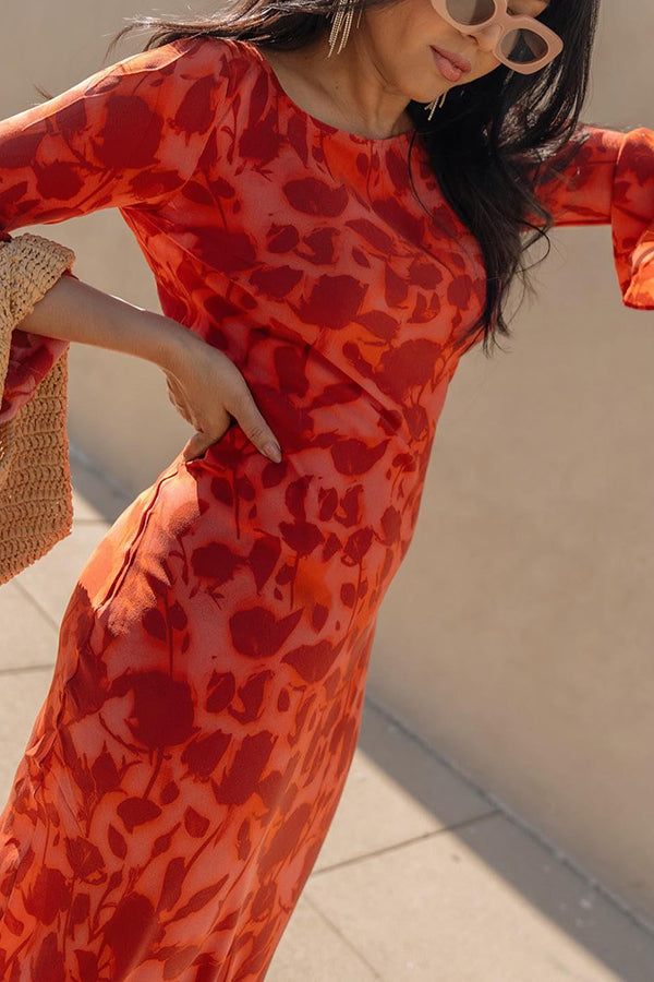 red Print Boat Neck Long Bell Sleeve Bias Cut Maxi Dress