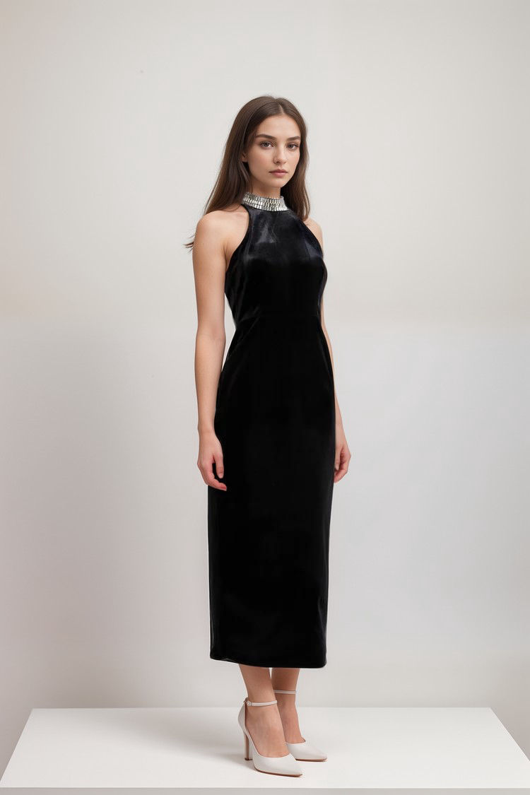 Caisa embellished turtle-neck black dress