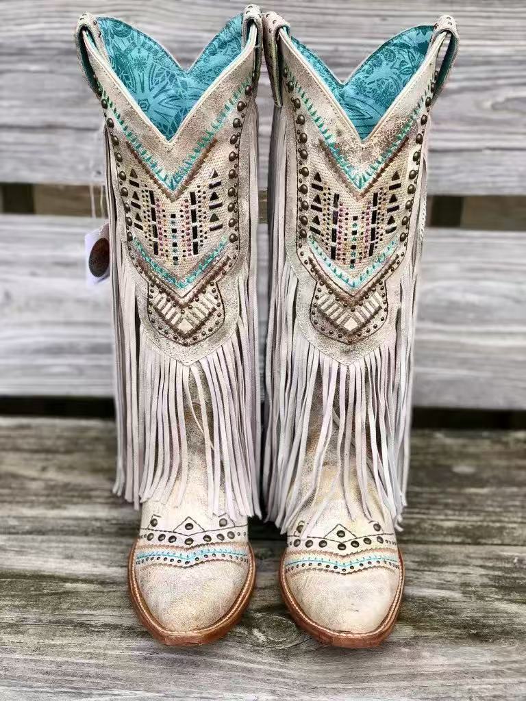 Genuine Leather Detailed Fringe Cowgirl Boots