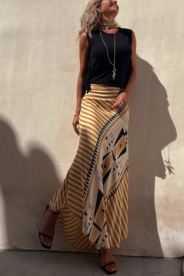 kelly Satin Geometric Print Elastic Waist Maxi Skirt