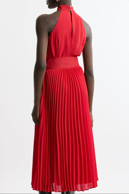 Georgette Belted Pleat Halter Woven Midi Dress