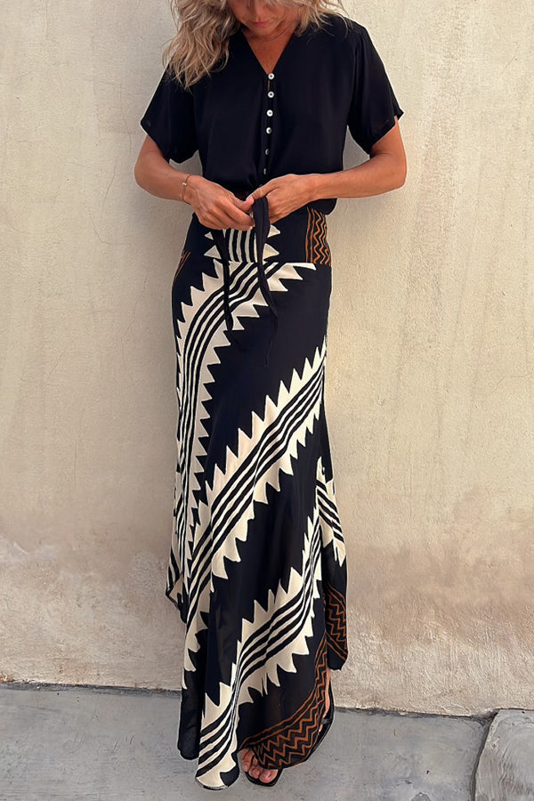 kelly Satin Geometric Print Elastic Waist Maxi Skirt