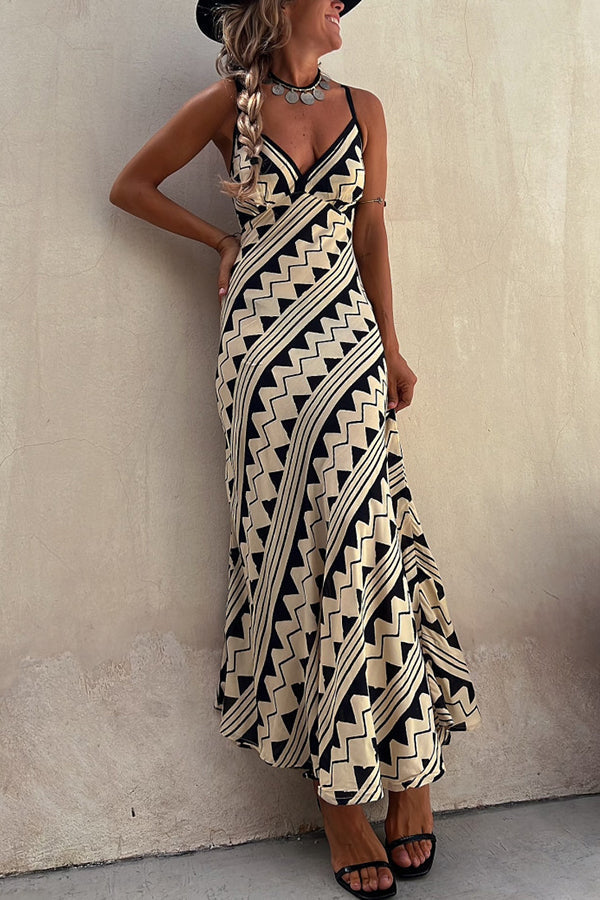 Satin Ethnic Print Smocked Back Midi Dress