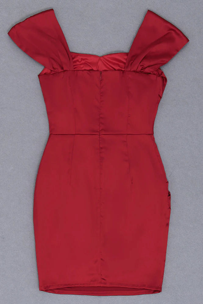 off-shoulder satin pleated mini dress in red