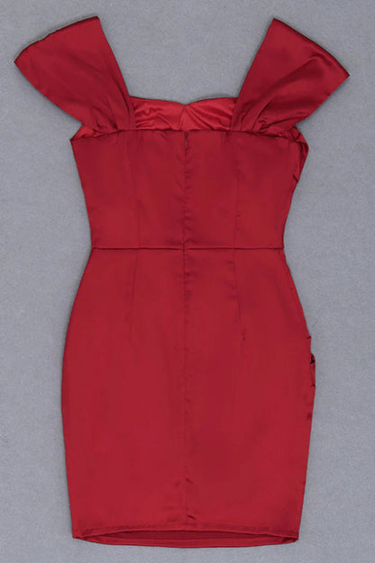 off-shoulder satin pleated mini dress in red