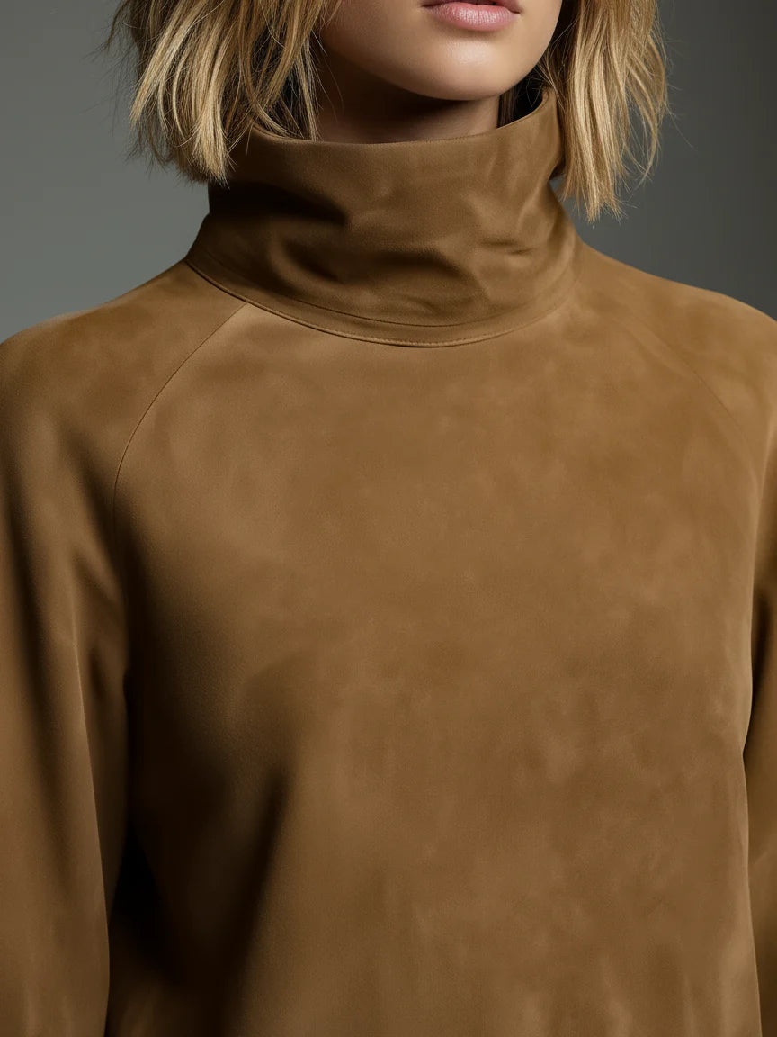 Loose turtleneck mini dress made of suede