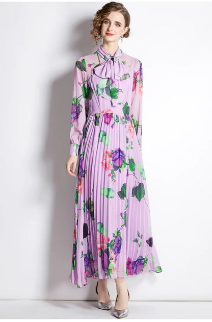 Purple floral print long-sleeved pleated maxi dress