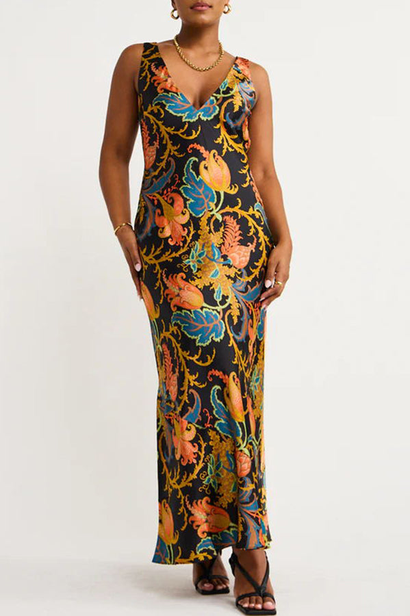 Mine Satin Exclusive Botanical Print Slip Maxi Dress