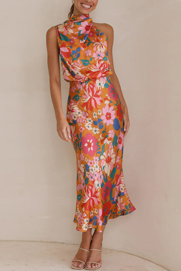 julia Floral Halter Neck Elastic Waist Maxi Dress