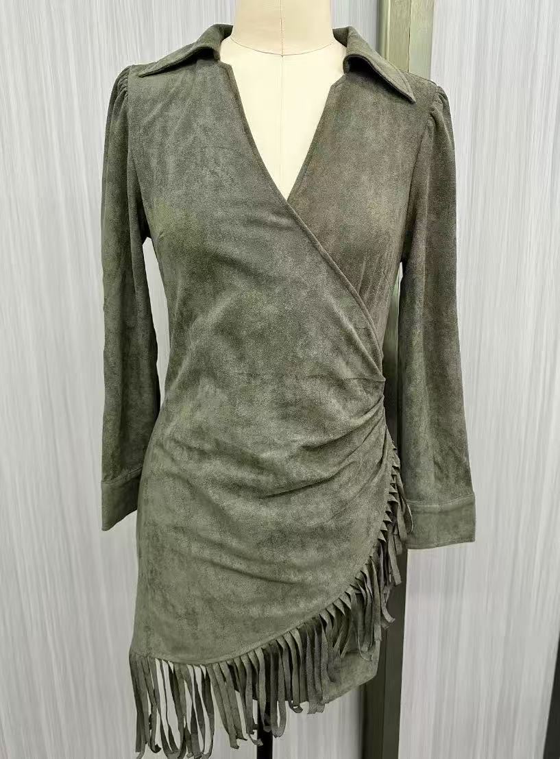 Olive Green Faux Suede V-Neck Wrap Mini Dress