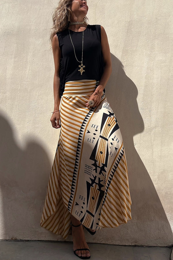 kelly Satin Geometric Print Elastic Waist Maxi Skirt