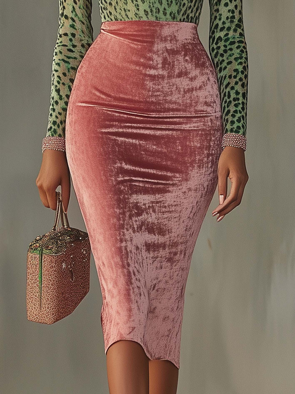 Pink Velvet Bodycon Dress With Patchwork Webbing And Leopard Print